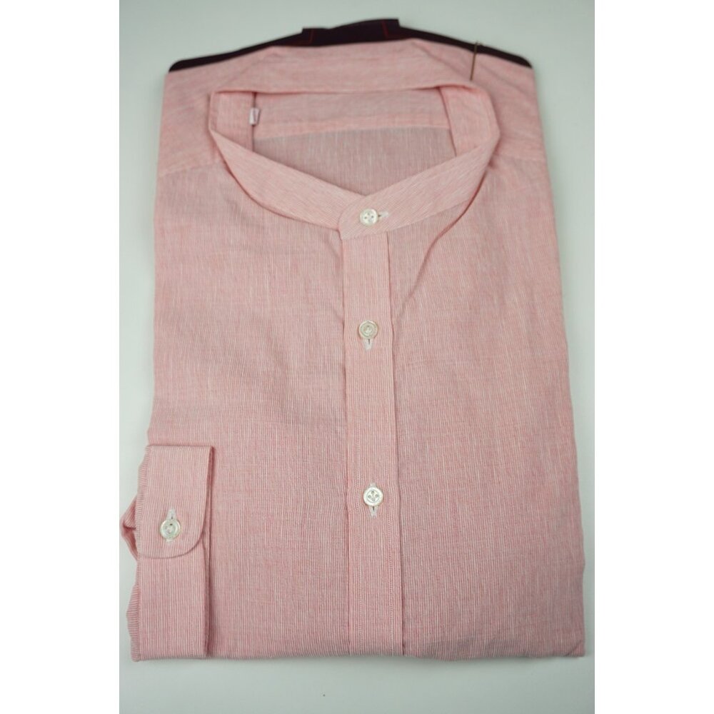 Isaia Napoli Pink White Long Sleeve Cotton Band Collar Shirt 15.5/39 NEW